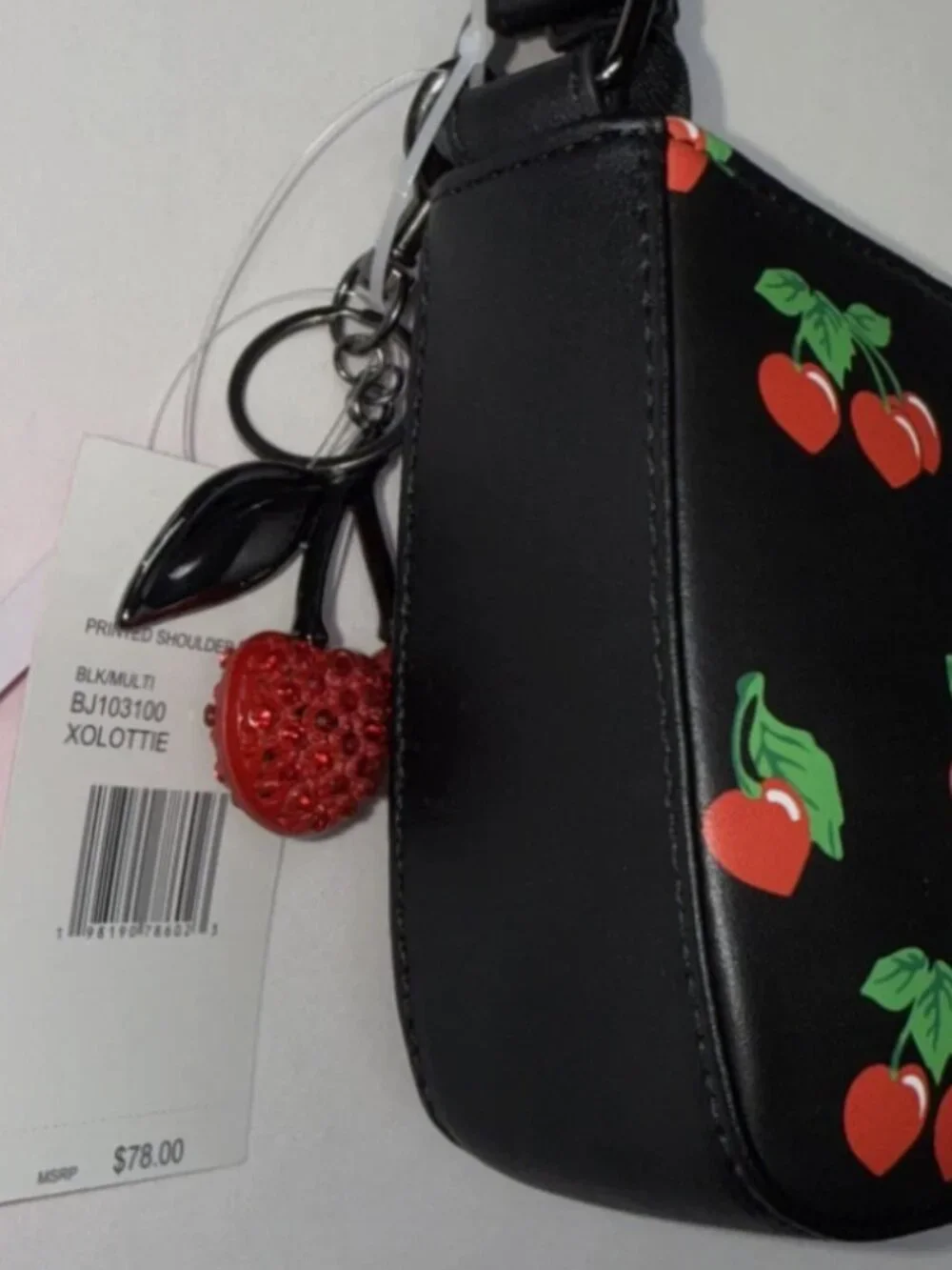 BETSEY JOHNSON Women’s Shoulder Bag With Cherries Red Crystal Cherry Charm NWT - Picture 4 of 11